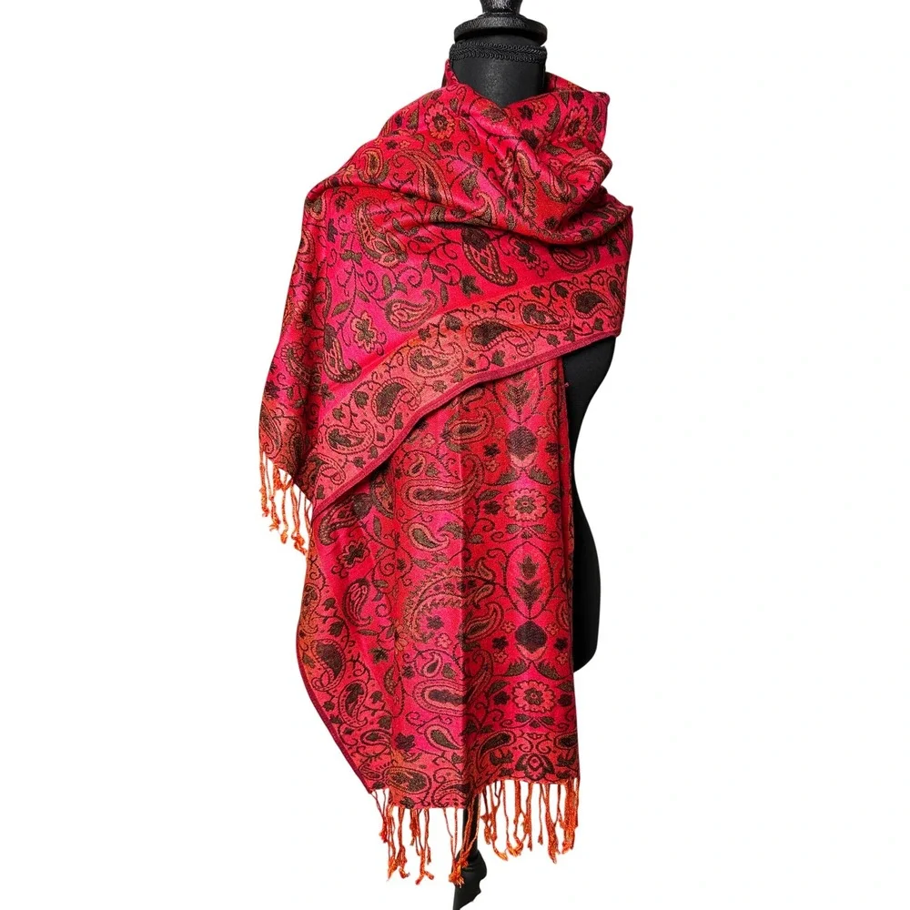 Pashmina Red Orange Paisley Silk Cashmere Blend Fringed Shawl Wrap Scarf Elegant